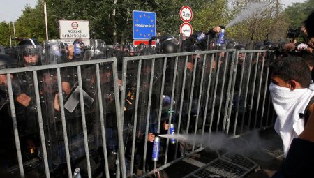 Беженцы закидывают полицейских камнями на границе Сербии и Венгрии
